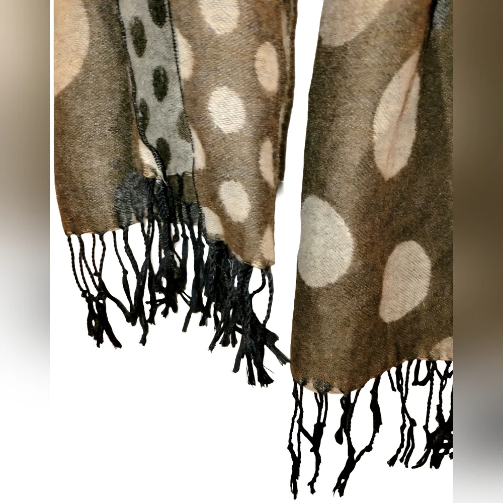 Reversible Brown and Tan Polka Dot Fringe Scarf/Wrap -26